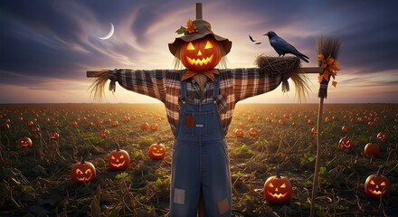 Spooky halloween scarecrow with pumpkin head standing in a pumpkin patch under a crescent moon at dusk creating a festive autumn scene