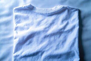Folded white t-shirt, back view, on a bed