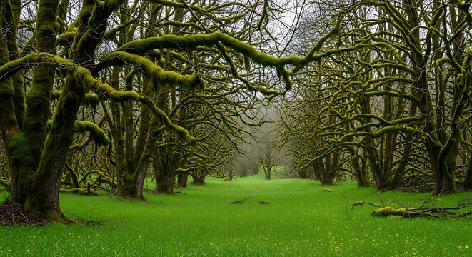 lush green forest pathway, mossy trees, tranquil scene.