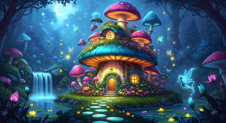 Magical mushroom house illuminates an enchanting forest with glowing fungi and sparkling fireflies, creating a whimsical night scene