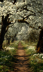 Obraz premium Enchanting springtime path through blossoming orchard trees inviting nature walk exploration scenic landscape idyllic scenery natural beauty floral canopy rural tranquility