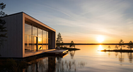Modern architecture with a golden sunset Eco-friendly wooden pavilion by the lake reflecting the sun