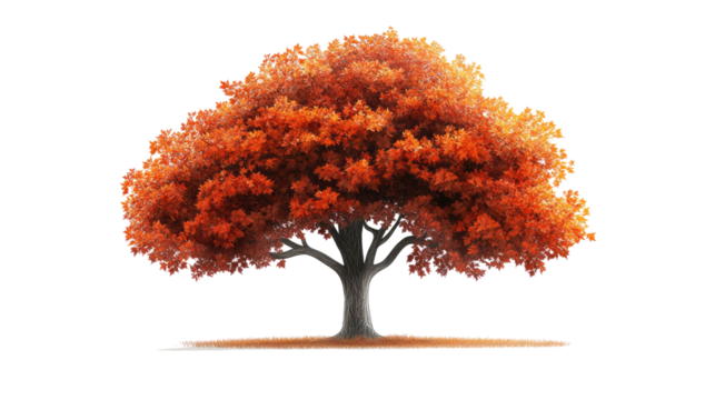 A large, highly detailed maple tree with bright orange and red autumn leaves, standing alone on a pure white background png
