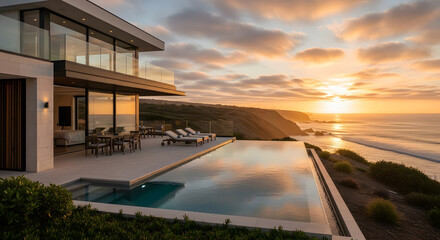 Fototapeta premium Stunning modern architecture with golden sunset over the ocean, showcasing a luxurious glass villa and infinity pool with a breathtaking coastal view