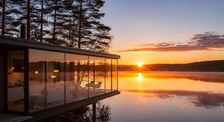 Obraz premium Experience the serene beauty of a modern architecture lake house bathed in the golden glow of a breathtaking sunset, offering a luxurious and contemporary escape amidst pristine nature