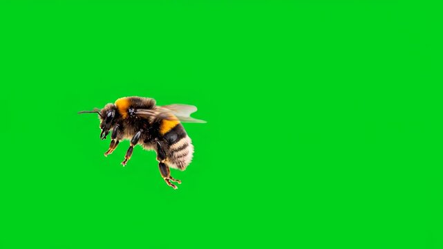 A busy bumblebee flying and buzzing around, isolated on a solid green screen flight, flower, movement