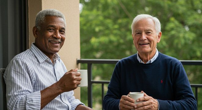 Elderly men enjoying coffee together on balcony in natural light   - Powered by Adobe
