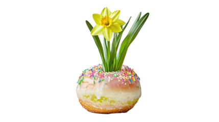 A lime-green daffodil sprouts from a jelly donut planet orbiting sprinkles, symbolizing cosmic sugar and tart dreams, on white background.  png
