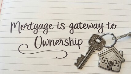 Inspirational quote on mortgage and home ownership with key and house symbol on lined notebook page