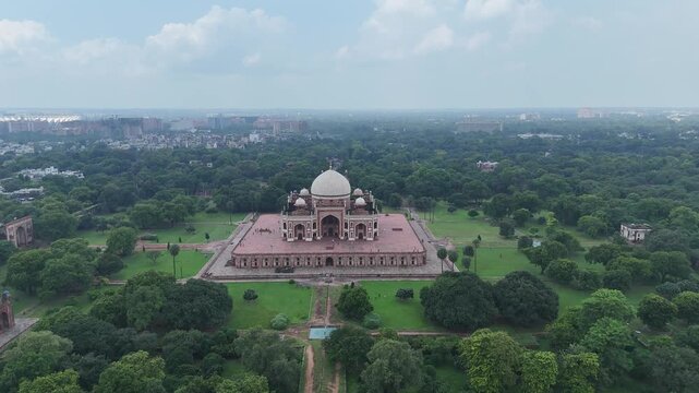 Aerial Shot of Humayun tomb in New Delhi, India
