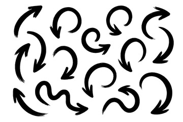 Black Grunge Brush Arrows – Hand Drawn Paint Stroke Arrow Collection with Rough Curved Sketch Navigation and Directional Symbols