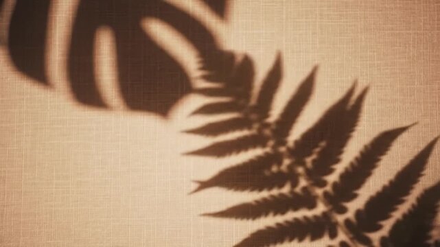 "Elegant shadows of indoor plants like monstera and fern cast on a light linen fabric background, soft focus and warm tones, creating a stylish natural texture overlay."