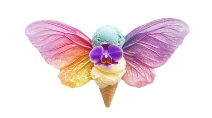 A lavender orchid rises from a rainbow ice cream scoop with glitter wings, symbolizing frozen elegance and colorful flight, on white background.  png