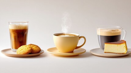 Efficiency and work life balance with a relaxing coffee break featuring iced coffee, latte, and cheesecake