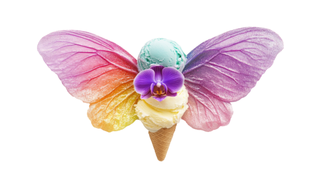A lavender orchid rises from a rainbow ice cream scoop with glitter wings, symbolizing frozen elegance and colorful flight, on white background.  png