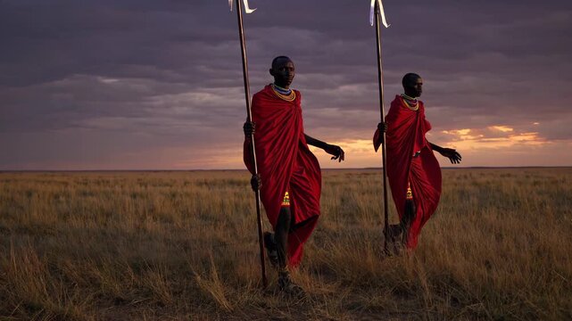 Two maasai warriors in red shukas and beaded necklaces perform the adumu jumping dance with spears against a golden savanna sunset in kenya, celebrating tradition and culture