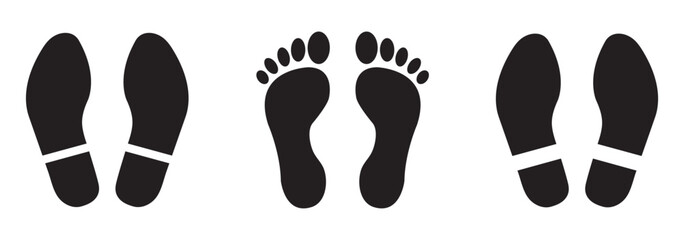 Different human footprints. Imprint soles shoes. Baby children footprint, Shoes for children and adults, adults and children's steps. Perfect for ecology, environment, travel, identity, lifestyle. 