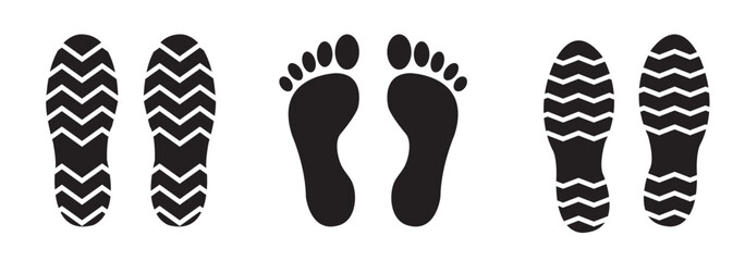 Different human footprints. Imprint soles shoes. Baby children footprint, Shoes for children and adults, adults and children's steps. Perfect for ecology, environment, travel, identity, lifestyle. 