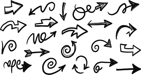 Collection of hand drawn black arrow icons with various shapes and directions symbol pointer