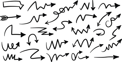 Collection of black hand drawn arrow icons pointing in various directions black and white