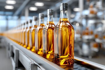 Whiskey bottles on conveyor belt in modern distillery facility