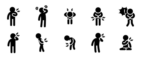 Disease and symptom icon set. Solid style. Outline vector set of headache, treatment, toothache, dizziness and more	

