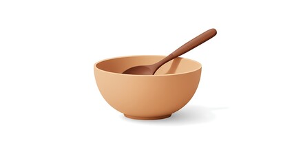 Minimalist Beige Bowl  Wooden Spoon Simple Food Illustration on White Isolated.