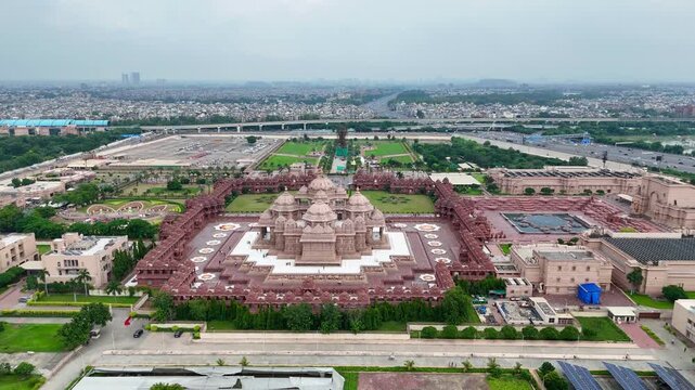 Aerial Shot of Akshardham Mandir and Delhi Meerut Highway in Delhi, India