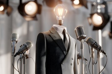 Surreal lightbulb head in suit among microphones in studio setting