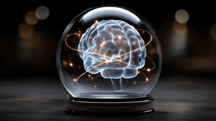 A brain is inside a glass container. The brain is surrounded by a glowing light. Futuristic conceptual AI brain in floating glass orb with law symbols orbiting,policy dramatic dark - Powered by Adobe