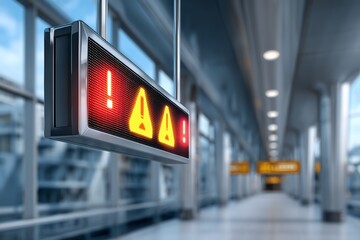 Digital warning sign in modern airport terminal with blurred background