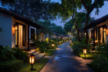 Fototapeta premium A row of resort-style villas surrounded by lush gardens. Pathways lit by lanterns guide the way. The mood feels serene and welcoming