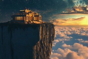 A majestic temple perched atop a cliff, overlooking a breathtaking sunset and endless clouds, bathed in warm, golden light.