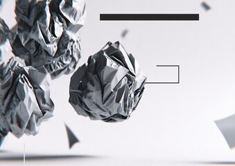 Crumpled paper forms in grayscale, abstract