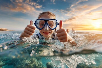 Fototapeta premium Young caucasian girl snorkeling in clear blue ocean with thumbs up at sunset