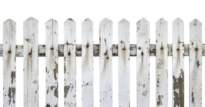 A weathered white picket fence with peeling paint, symbolizing rustic charm and nostalgia.