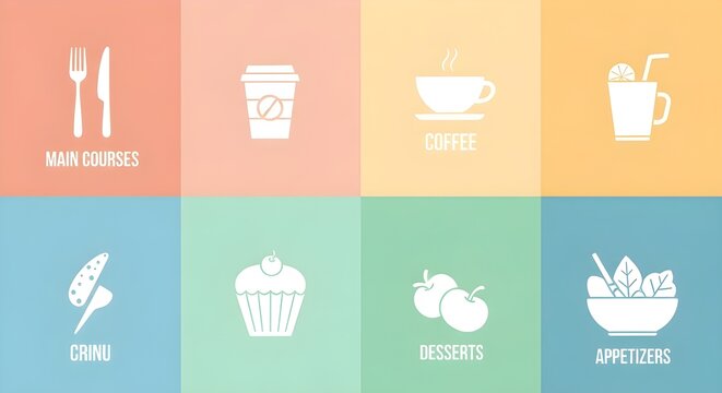 Food and drink menu icons with main courses, coffee, drinks, crudo, desserts, and appetizers