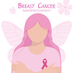 Girl, woman, cartoon fairy princess, with pink ribbon for breast cancer awareness month campaign. Support, solidarity concept. Vector illustration.