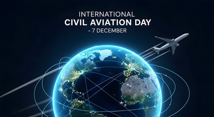 International Civil Aviation Day banner with airplane flying around Earth