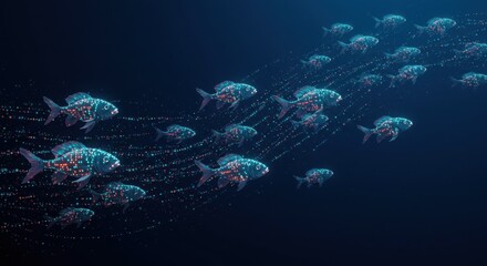 A school of fish shimmering with LED-like scales, glowing trails of code, with minimalist background leaving space for promotional text