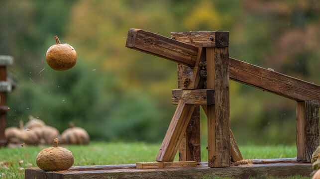 Rustic Wooden Catapult Launching Pumpkin at Punkin Chunkin World Championship Fall Festival, Fun Autumn Harvest Competition Event