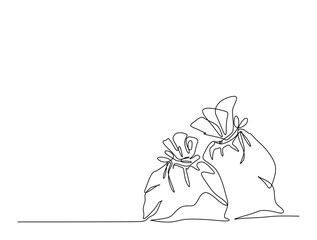 Continuous line art drawing of plastic trash sack. Plastic trash bag in single line art drawing vector illustration. Editable stroke.
