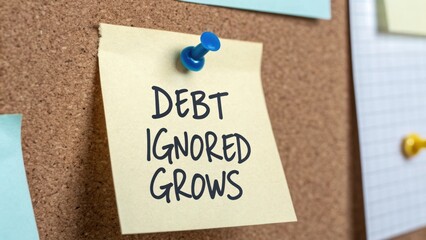 Sticky Note Reminder on Cork Board Conveying Message About Growing Debt Ignored with Colorful Background and Pins
