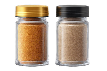 Two glass spice jars, one with gold, one with black lid