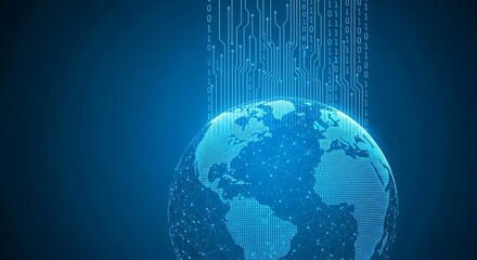 Digital world globe connected to binary code streams representing global network technology and international data transfer on a modern blue background