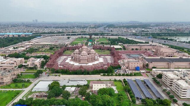 Aerial Shot of Akshardham Mandir and Delhi Meerut Highway in Delhi, India
