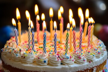 A celebratory birthday cake ablaze with brightly colored candles, promising joy and sweet delights, under warm, soft lighting.