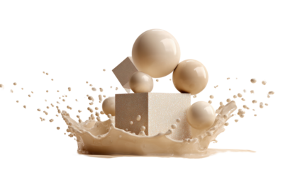 Beige geometric shapes and spheres in a liquid splash
