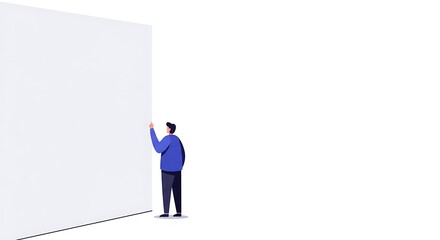 Fototapeta premium Person pushing large blank wall with concept of challenge, obstacle, and future on white.