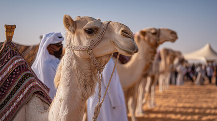 Al Dhafra Festival camels with Emirati men standing in desert during traditional livestock competition celebrating Arabian culture and desert life.